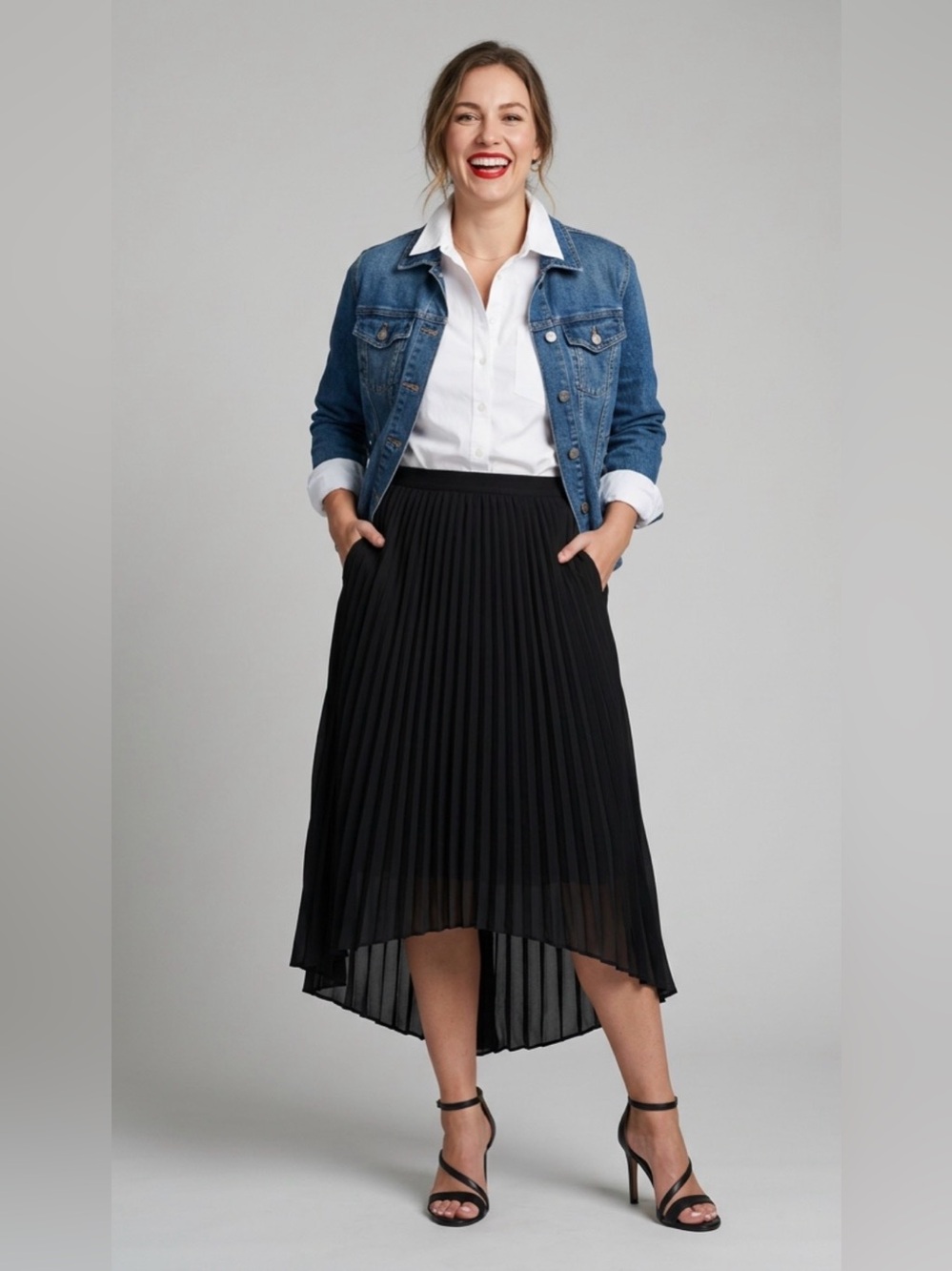 White House Black Market Black Pleated High-Low Skirt Size 8